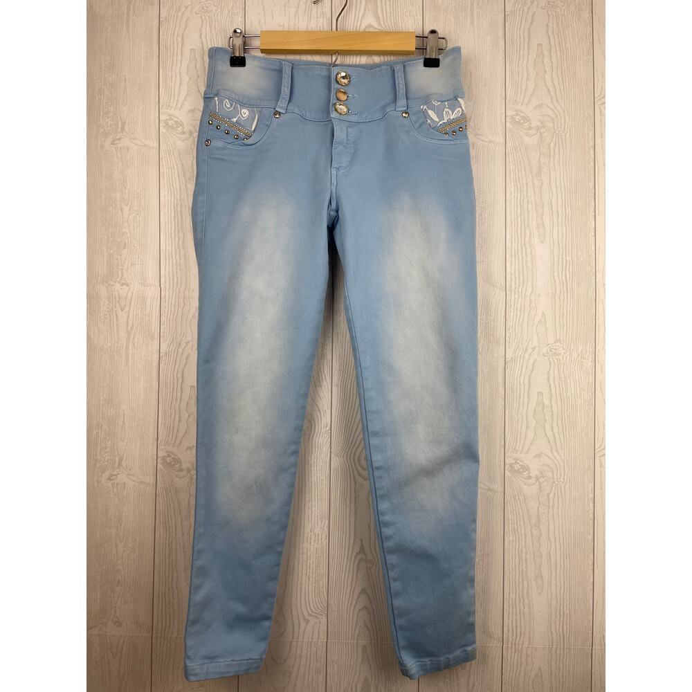 Lujuria Jeans Columbian Made, Butt Lifting Light Wash Denim, Embellish US Sz 7/8